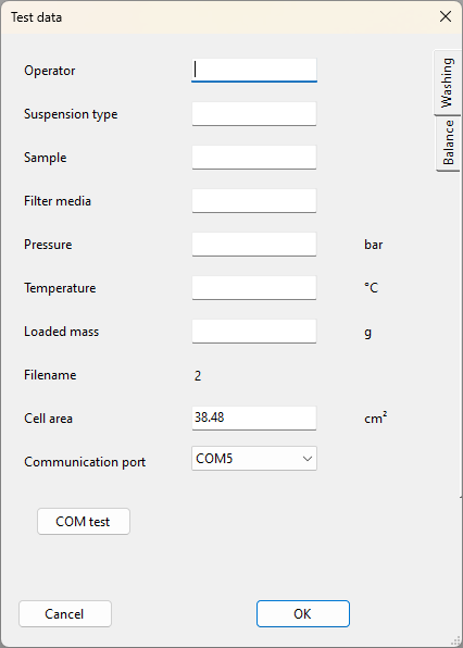 Data required to start a test